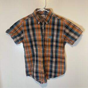 Cinch short sleeve plaid orange kids button up shirt youth size medium 10‎